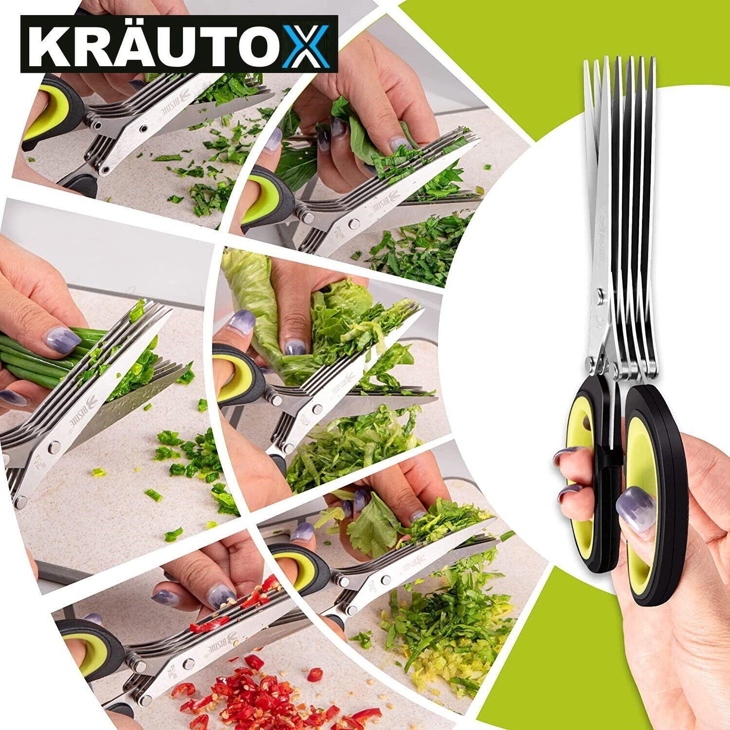 KRÄUTOX Kräuterschere 5 Klingen Edelstahl Kräutermesser mit Reinigungskappe