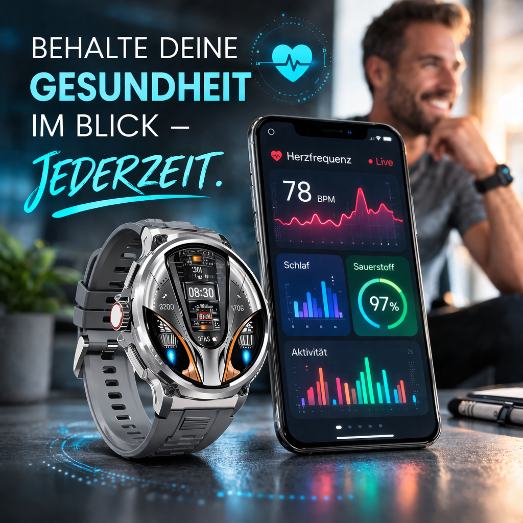 ZEUS™ Smartwatch – Robuste Edelstahl‑Fitnessuhr, 10+ Tage Akku, IP68 mit Black Steel Armband