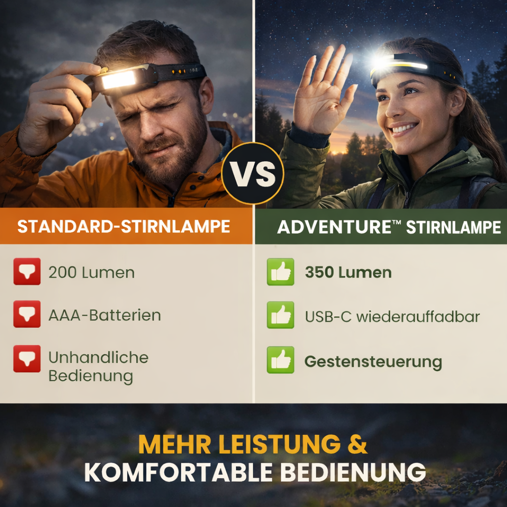 ADVENTURE™ Stirnlampe LED Kopflampe Wiederaufladbar Bewegungssensor Akku Light
