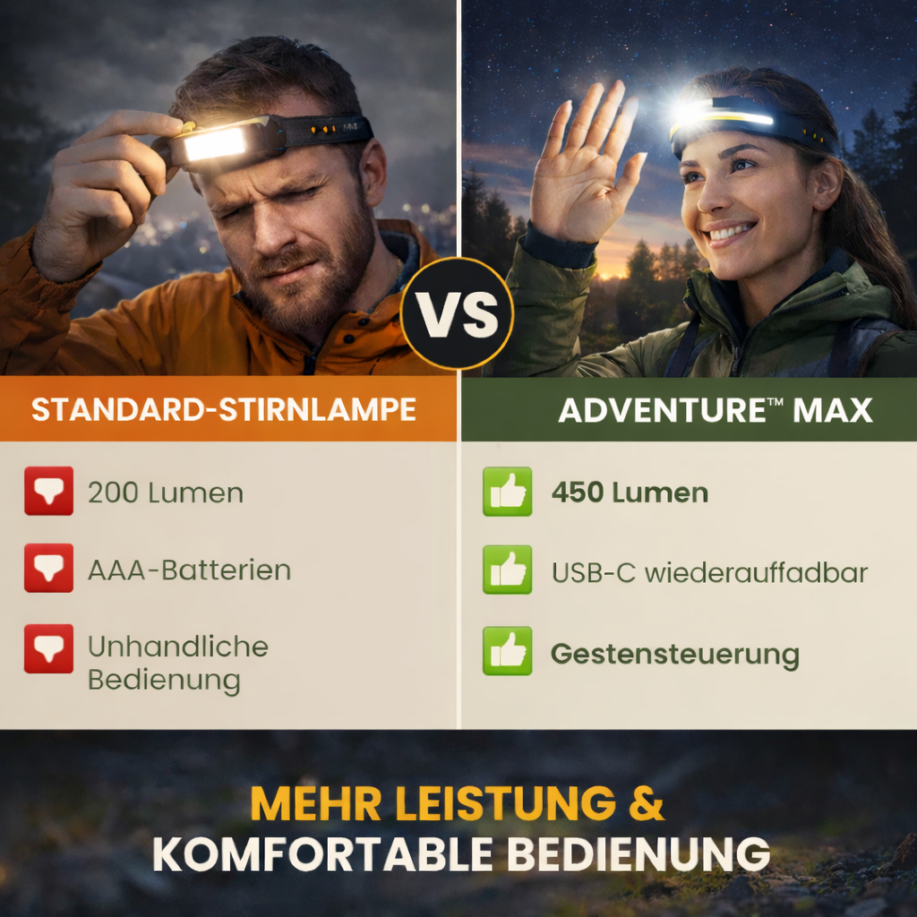 ADVENTURE™ MAX Stirnlampe LED Kopflampe Bewegungssensor Rotlicht Rücklicht Light