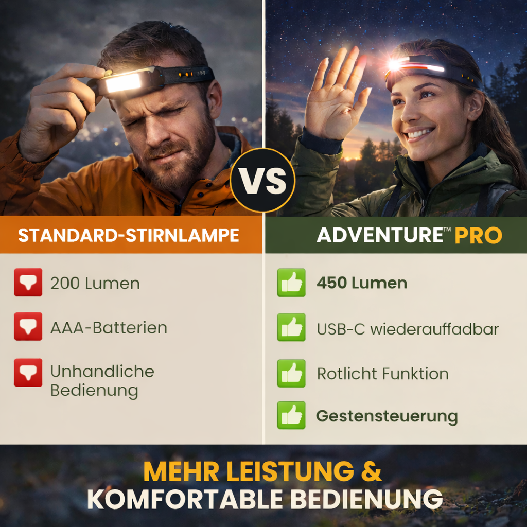 ADVENTURE™ PRO Stirnlampe LED Kopflampe Bewegungssensor Rotlicht Light