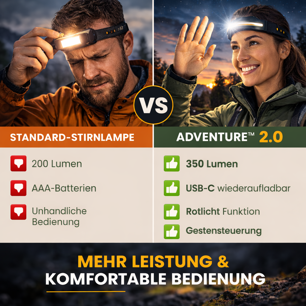 ADVENTURE™ 2.0 Stirnlampe LED Kopflampe Light Bewegungssensor mit Rotlicht!