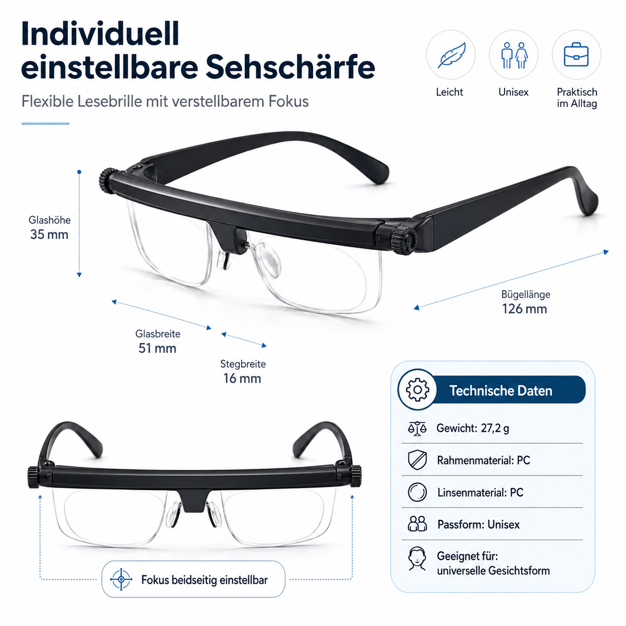 SmartFocus™ Verstellbare Fokus Brille Lesebrille Dioptrien individuell Einstellbar Unisex