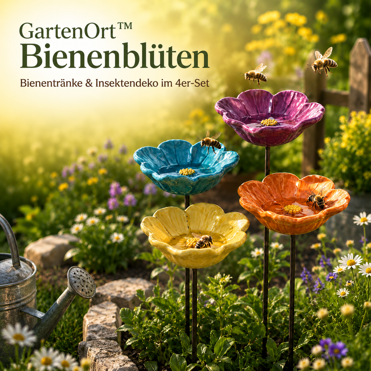 GartenOrt™ Bienenblüten Bienentränke Insektentränke Deko aus Kunstharz 4er Set