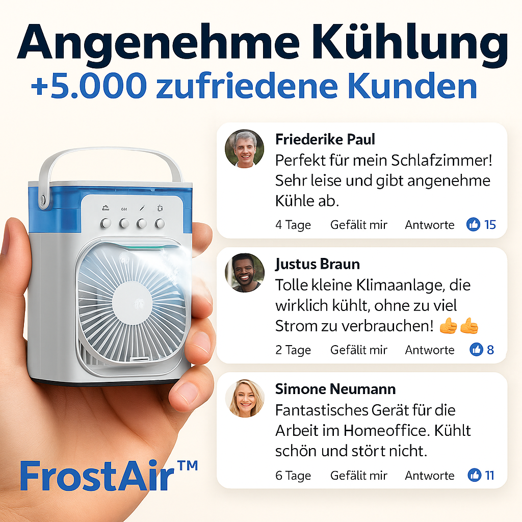 FrostAir™ – 3-in-1 Mini Air Cooler Klimgerät mit LED & Luftbefeuchtung