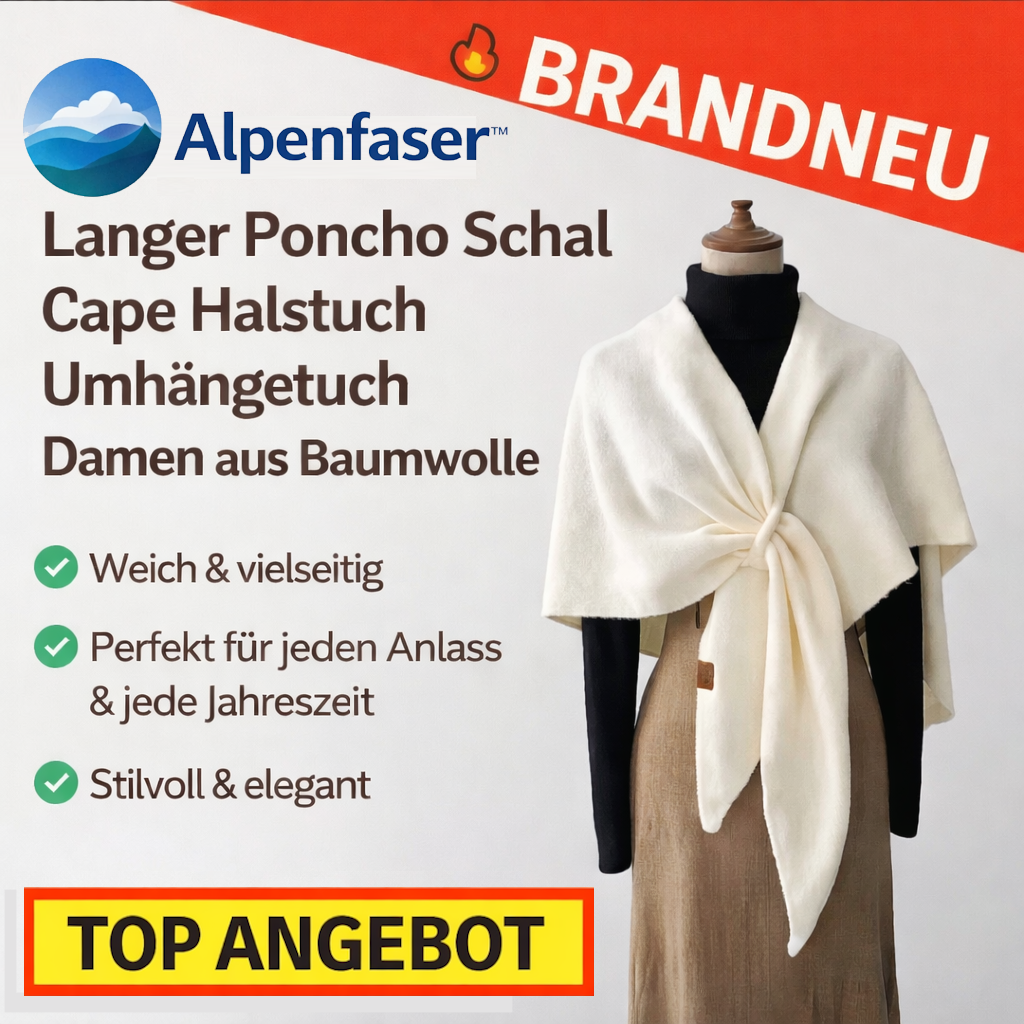 Alpenfaser™ Langer Poncho Schal Cape Halstuch Umhängetuch Damen aus Baumwolle