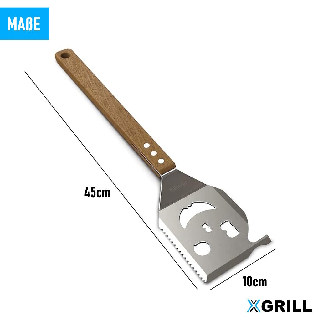 XGRILL 5 in 1 Grillspachtel für Barbecue Multifunktion Grillbesteck Holzgriff
