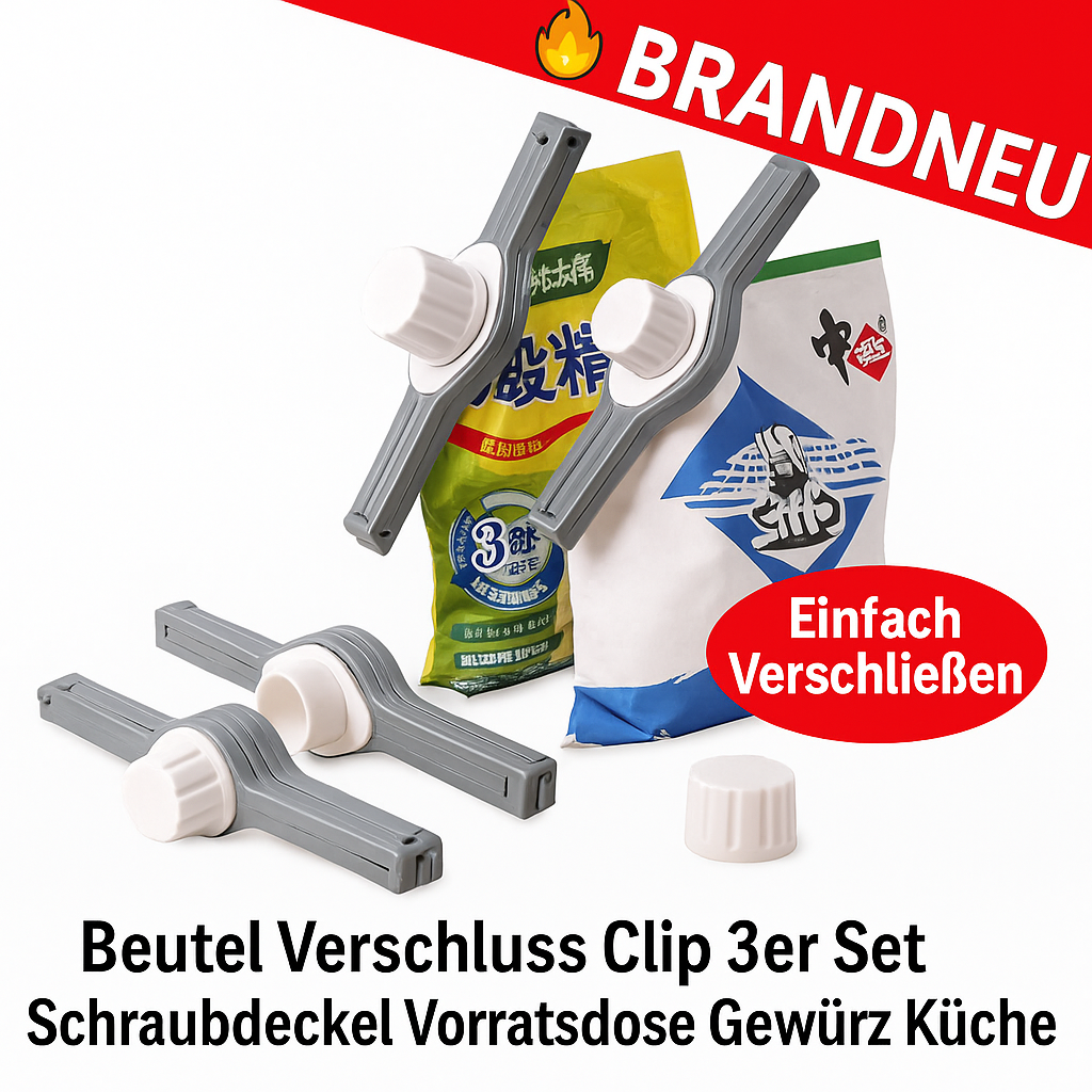 Beutel Verschluss Clip 3er Set Schraubdeckel Vorratsdose Gewürz Snack Küche