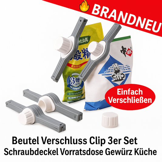Beutel Verschluss Clip 3er Set Schraubdeckel Vorratsdose Gewürz Snack Küche