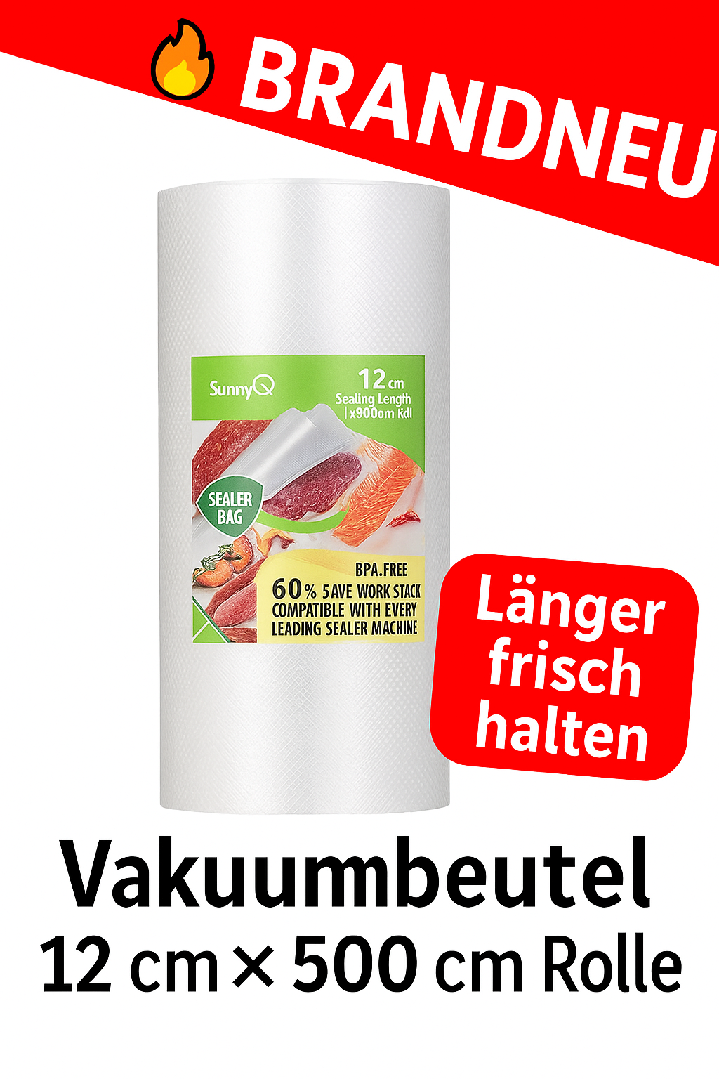 Vakuumbeutel 12 cm×500 cm Rolle Lebensmittel Frisch Vorratsbeutel Vakuumierbeutel