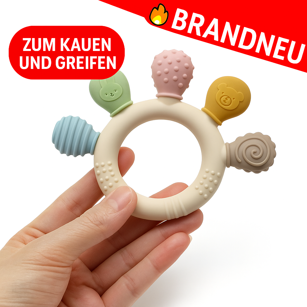 Baby Beißring Silikon Multicolor Greifring 0-12M Zahnungshilfe Sensorik Spielzeug