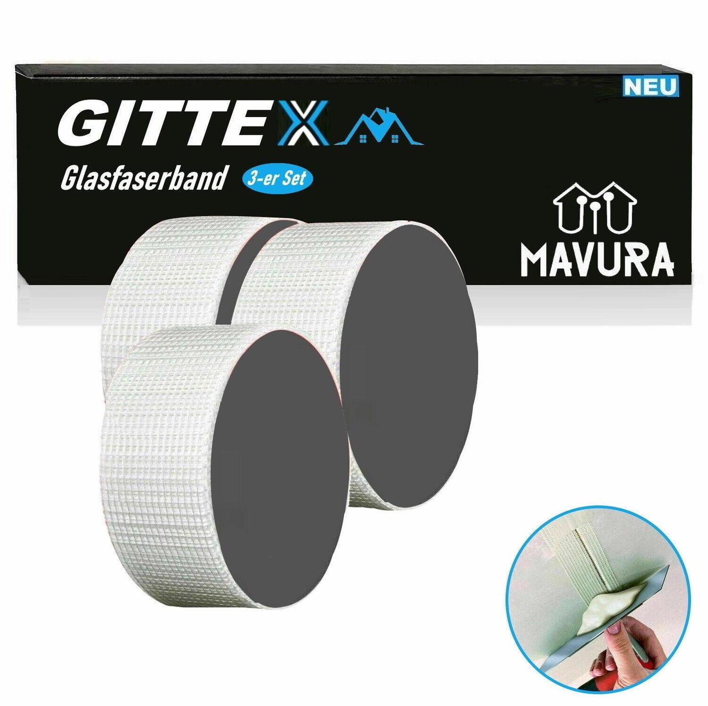 GITTEX 3x Glasfaser Gewebeband Glasfaserband Fugenband Wand Reparatur Band