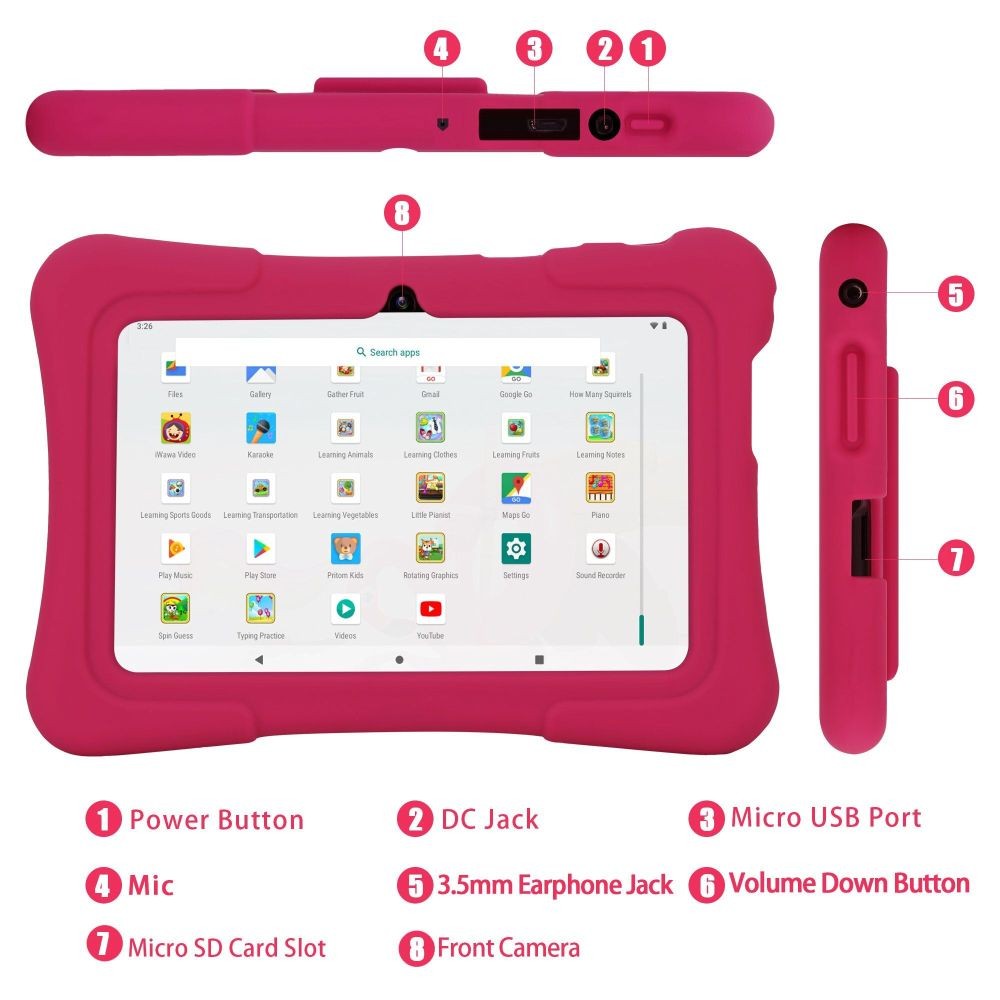 PRITOM 7 Zoll Kinder-Tablet Android 10 32GB WLAN Bluetooth Lern-Apps DE.
