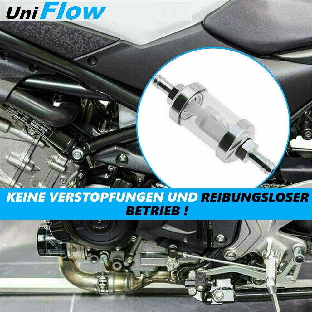 UniFlow Chrom Glas Kraftstoff Filter Benzin Diesel Aluminium Universal 8mm