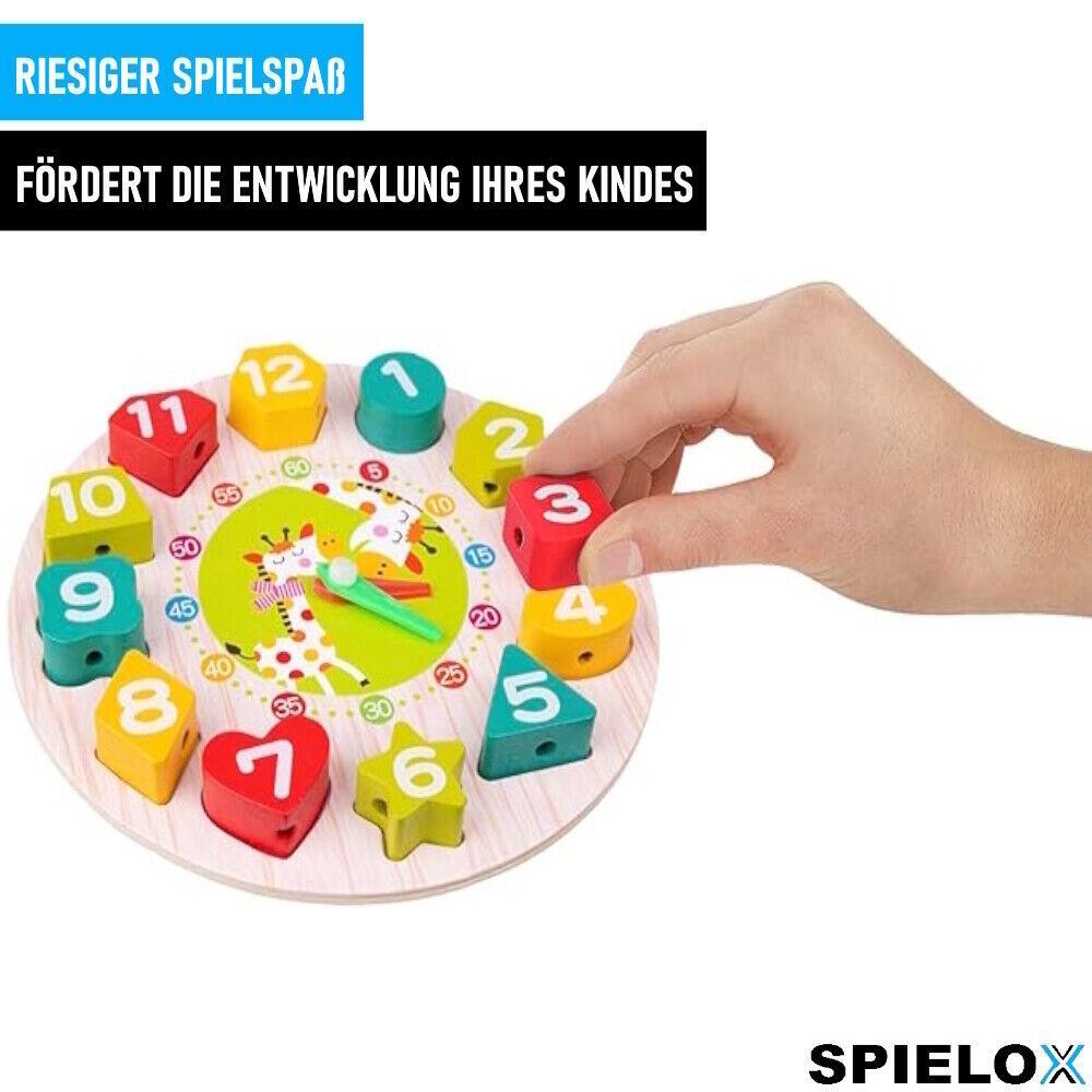 SPIELCLOX Lernuhr Kinder Spieluhr Holz Analog Uhrzeit lernen Kinderuhr ab 3 Jahr