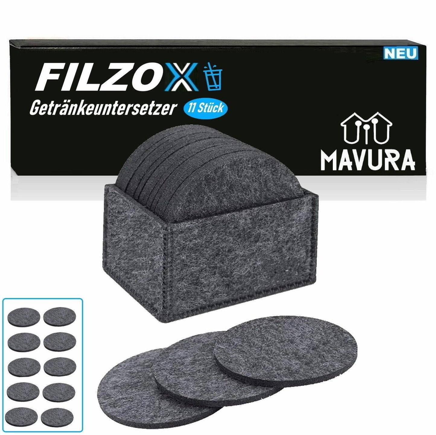 FILZOX Filz Untersetzer Set rund Premium Design Glasuntersetzer Getränke grau