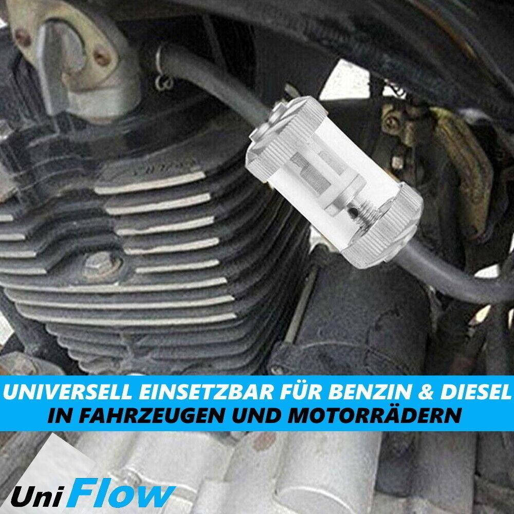 UniFlow Chrom Glas Kraftstoff Filter Benzin Diesel Aluminium Universal 8mm