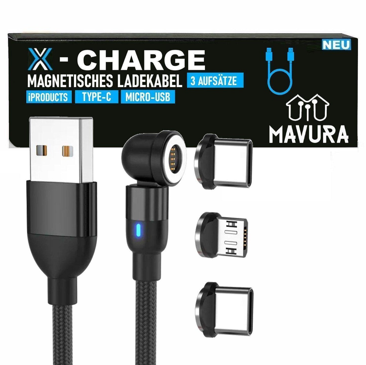 X-CHARGE magnetisches Ladekabel 360° Rotation für iPhone Micro USB Type C Magnet
