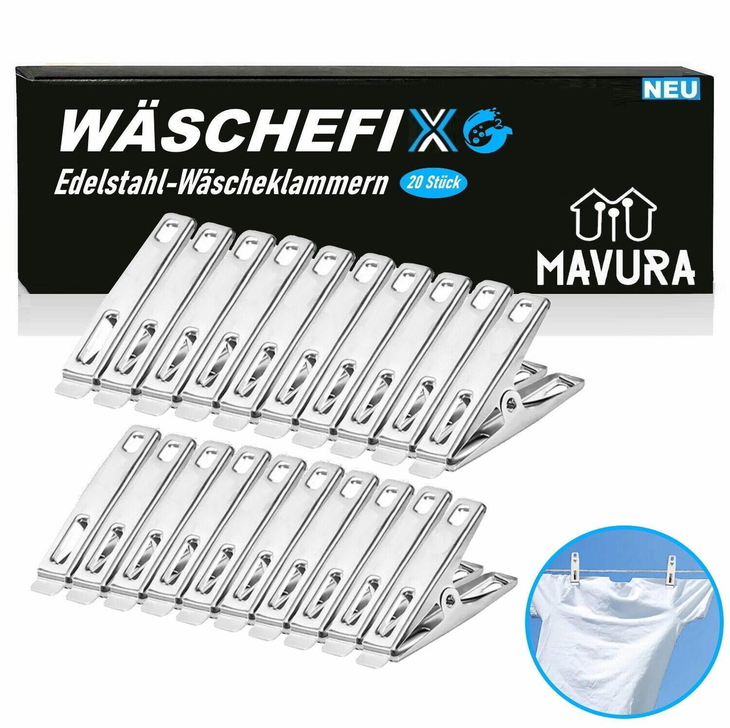 WÄSCHEFIX Edelstahl Wäscheklammern Set Edelstahlklammern Handtuchklemmen Wäsche