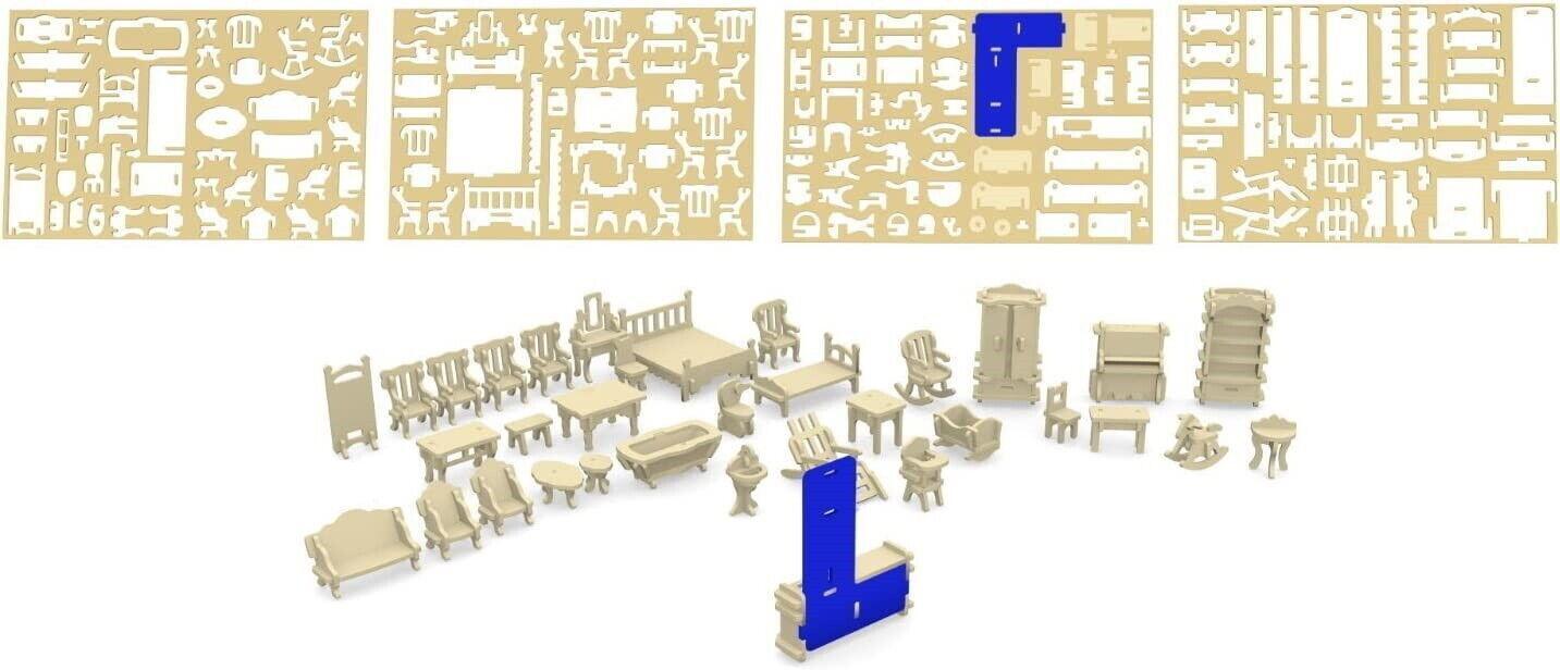 WoodArt Puppenmöbel Holz Bausatz Mini Puppen Möbel DIY Set 3D-Puzzle [34tlg]