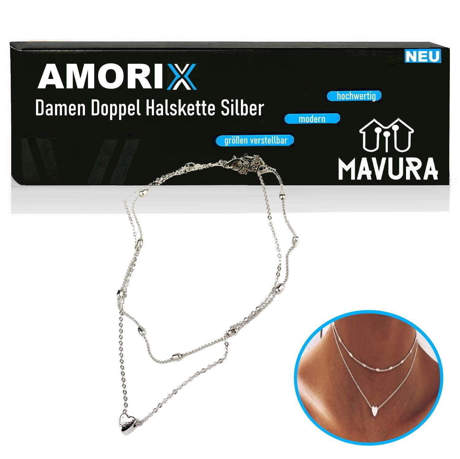 AMORIX Damen Doppel Kette Halskette silber Herz Set Blogger kurz Valentinstag
