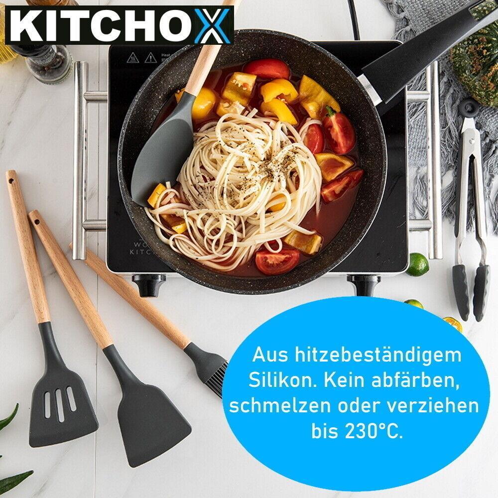 KITCHOX Küchenutensilien Set Holz Silikon Koch Besteck Löffel Helfer [12teilig]