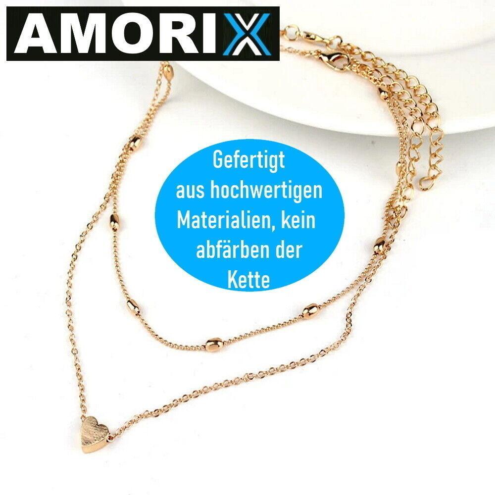 AMORIX Damen Doppel Kette Halskette Gold Herz Set Blogger kurz Valentinstag