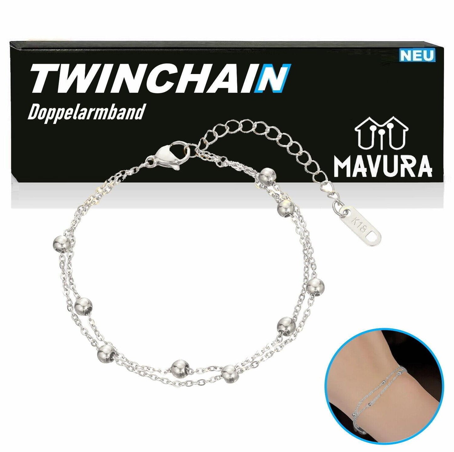 TWINCHAIN Doppel Armband Armschmuck Armkette Doppel Schmuck Kugel Silber