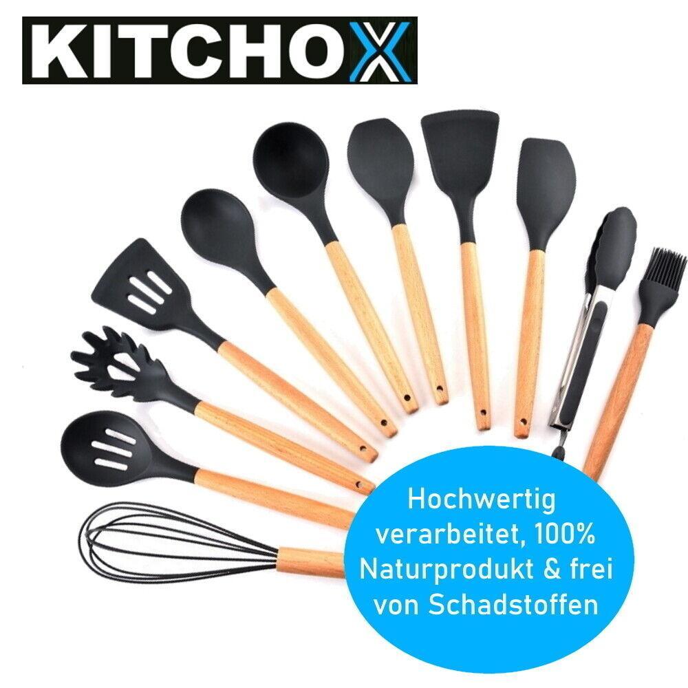 KITCHOX Küchenutensilien Set Holz Silikon Koch Besteck Löffel Helfer [12teilig]