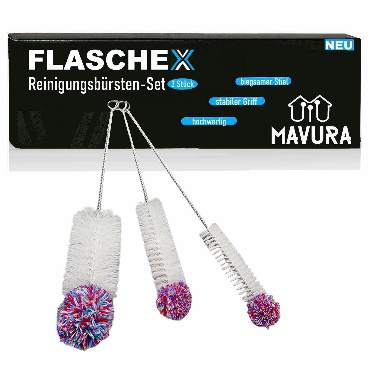 FLASCHEX Universal Flaschenbürste 3er Set Glas Flaschen Reiniger Sodastream lang