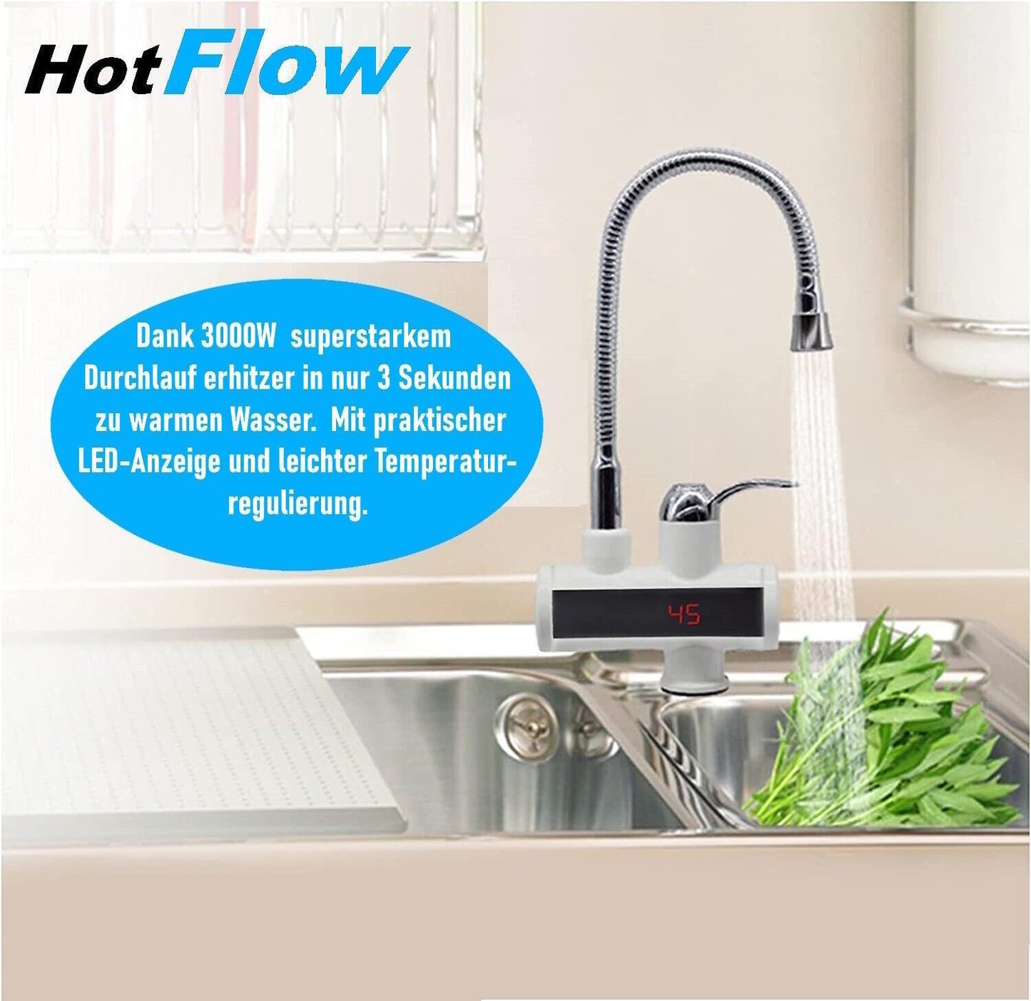 HotFlow Durchlauferhitzer elektrischer Wasserhahn Küche Bad LED Temperatur