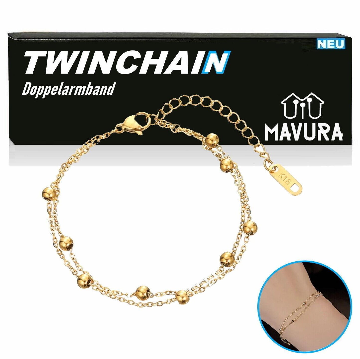 TWINCHAIN Doppel Armband Armschmuck Armkette Doppel Schmuck Kugel Gold