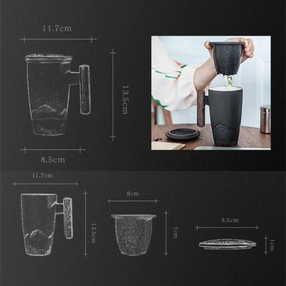 NORDTHAL Keramiktasse Kaffeetasse Teetasse Tasse mit Teesieb Holzgriff schwarz