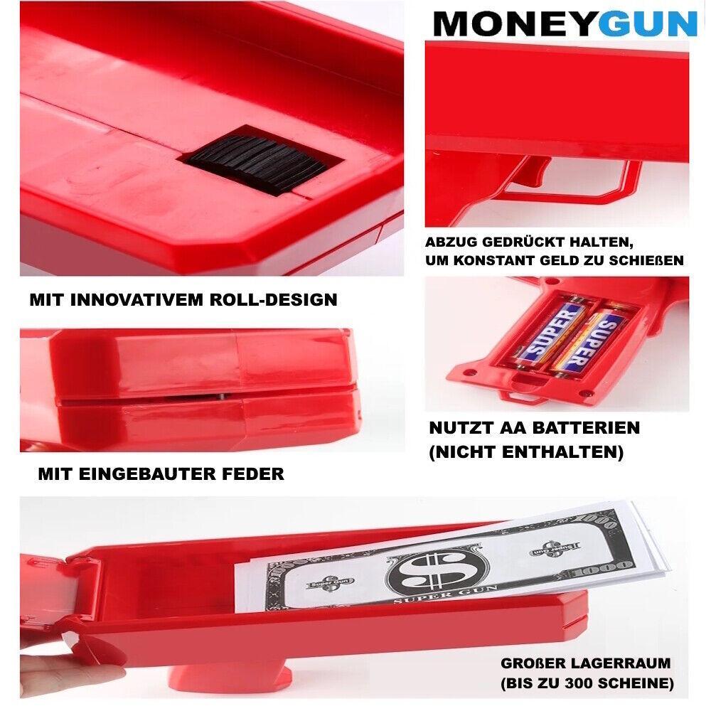 MONEYGUN Spielzeug Geld Pistole Party Revolver Banknoten Cash Gun m. Fake Dollar