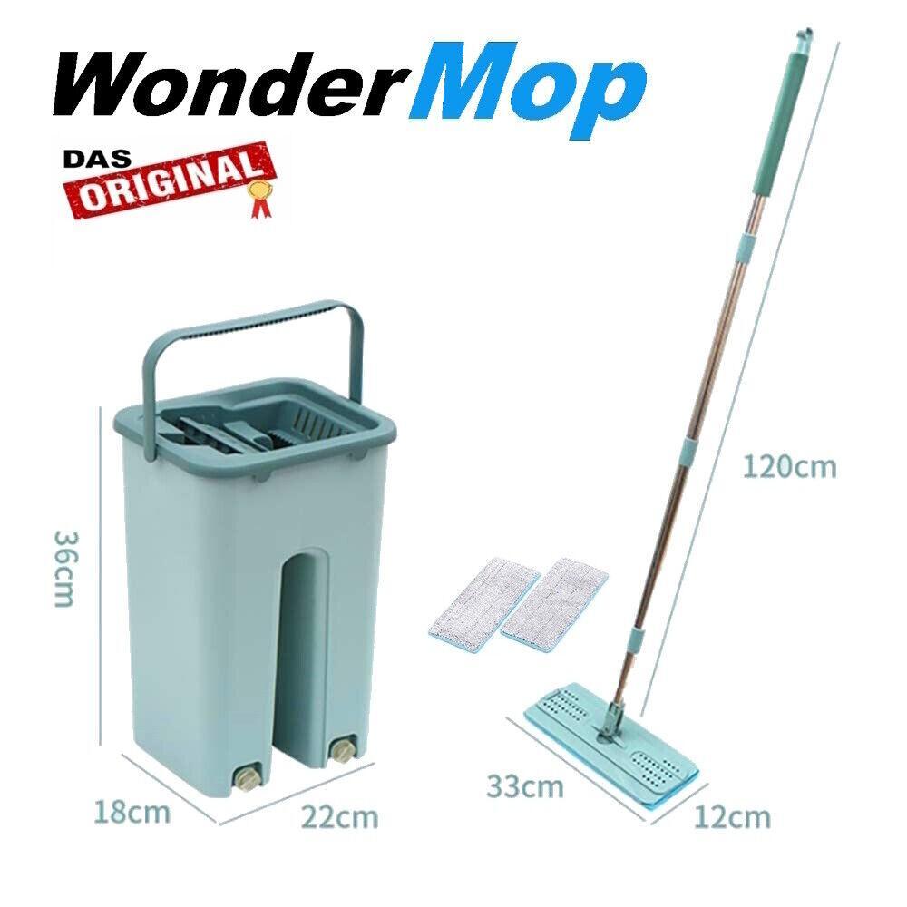WONDERMOP Profi Bodenwischer Set Wischmop Mikrofaser-Mopp 2-Kammer-System Eimer
