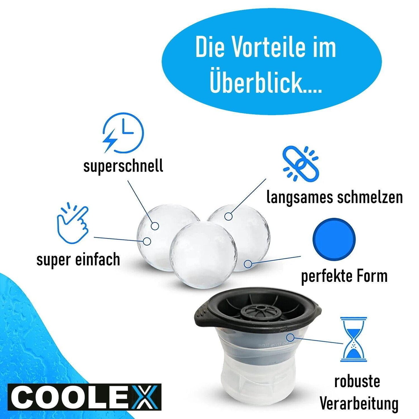 COOLEX XXL Eiswürfelform Kugel Eiskugel Eisbälle Cocktail Whisky 6,5cm [2er Set]