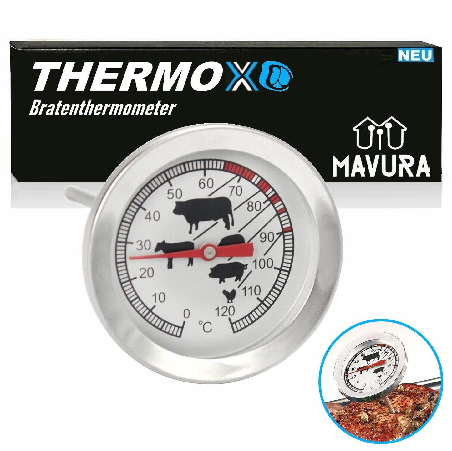 THERMOX Fleisch Thermometer Grill Steak Braten Backofen Thermometer Edelstahl
