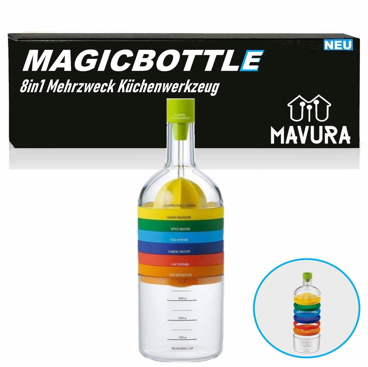 MAGICBOTTLE Küchentool Reibe Trichter Presse Messbecher Entsafter Öffner 8in1