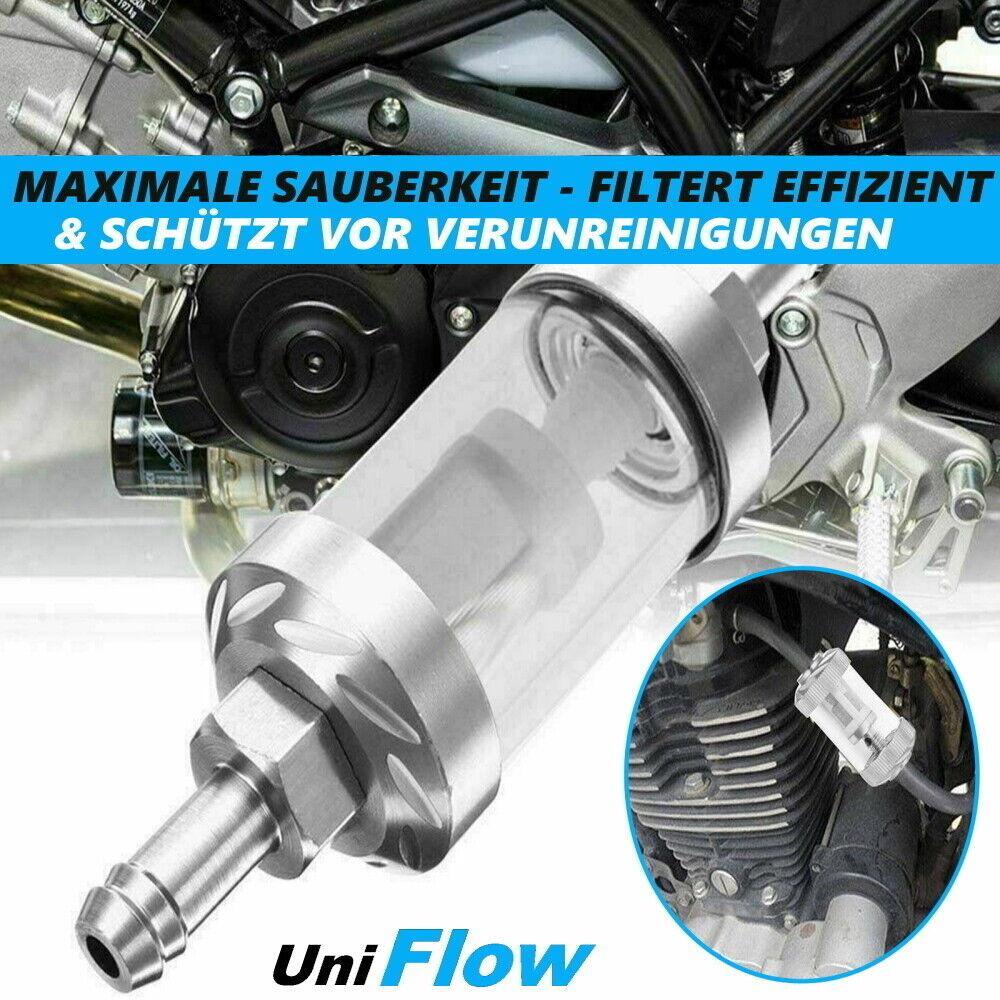 UniFlow Chrom Glas Kraftstoff Filter Benzin Diesel Aluminium Universal 8mm