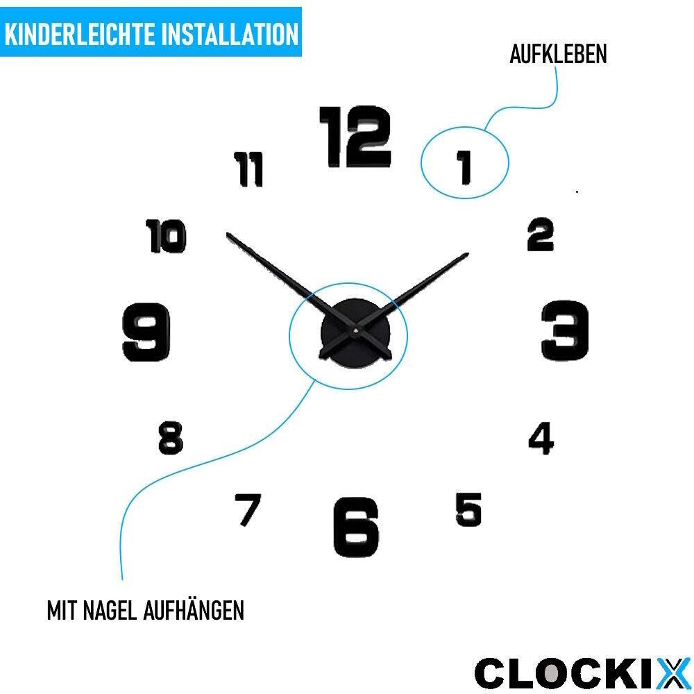 CLOCKIX Wanduhr Aufkleber 3D-Effekt Wandtattoo DIY Design Deko Uhr Wohnzimmer