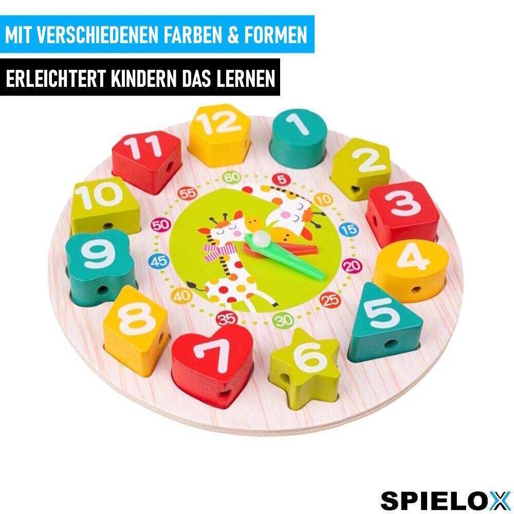 SPIELCLOX Lernuhr Kinder Spieluhr Holz Analog Uhrzeit lernen Kinderuhr ab 3 Jahr