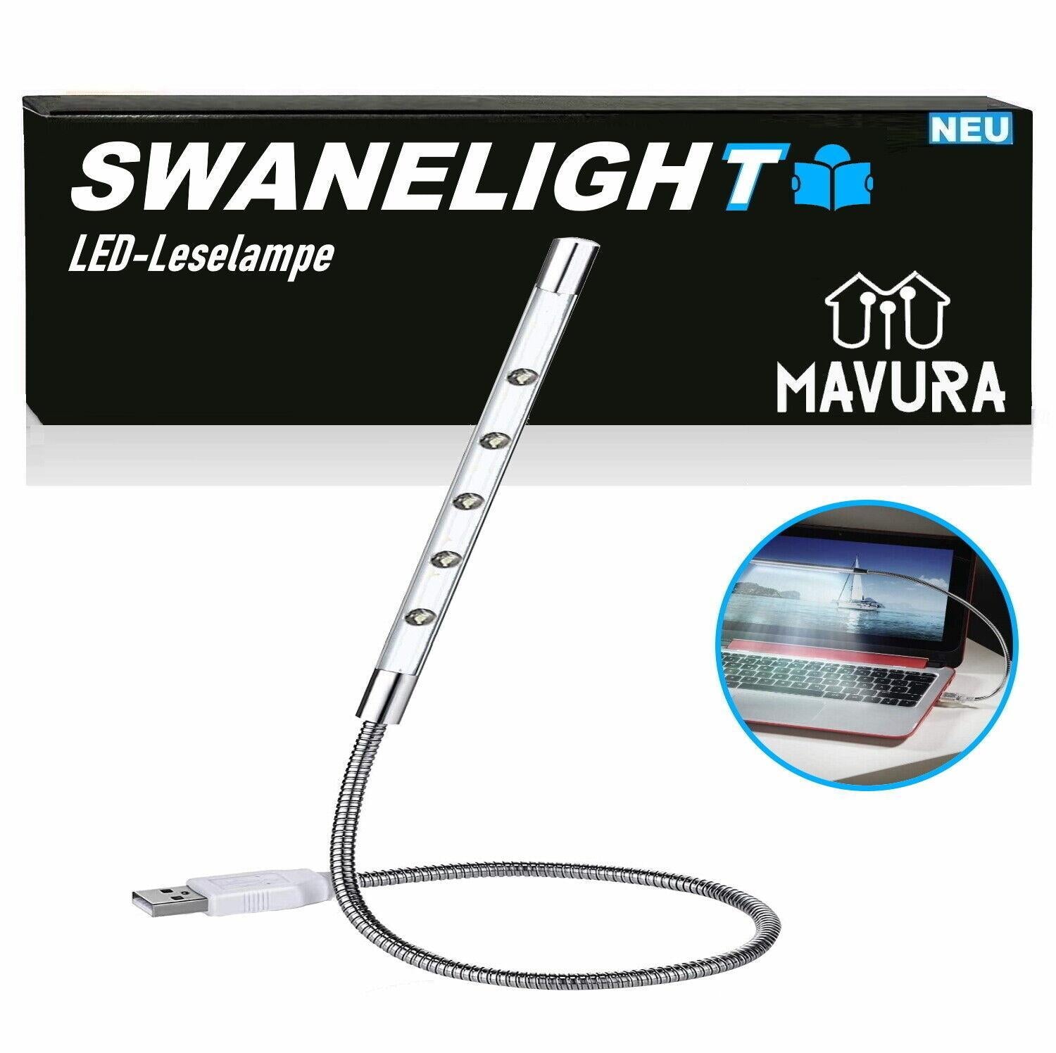 SWANELIGHT USB LED Leselampe Schwenkbar 5 LED Schwanenhalslampe Lampe