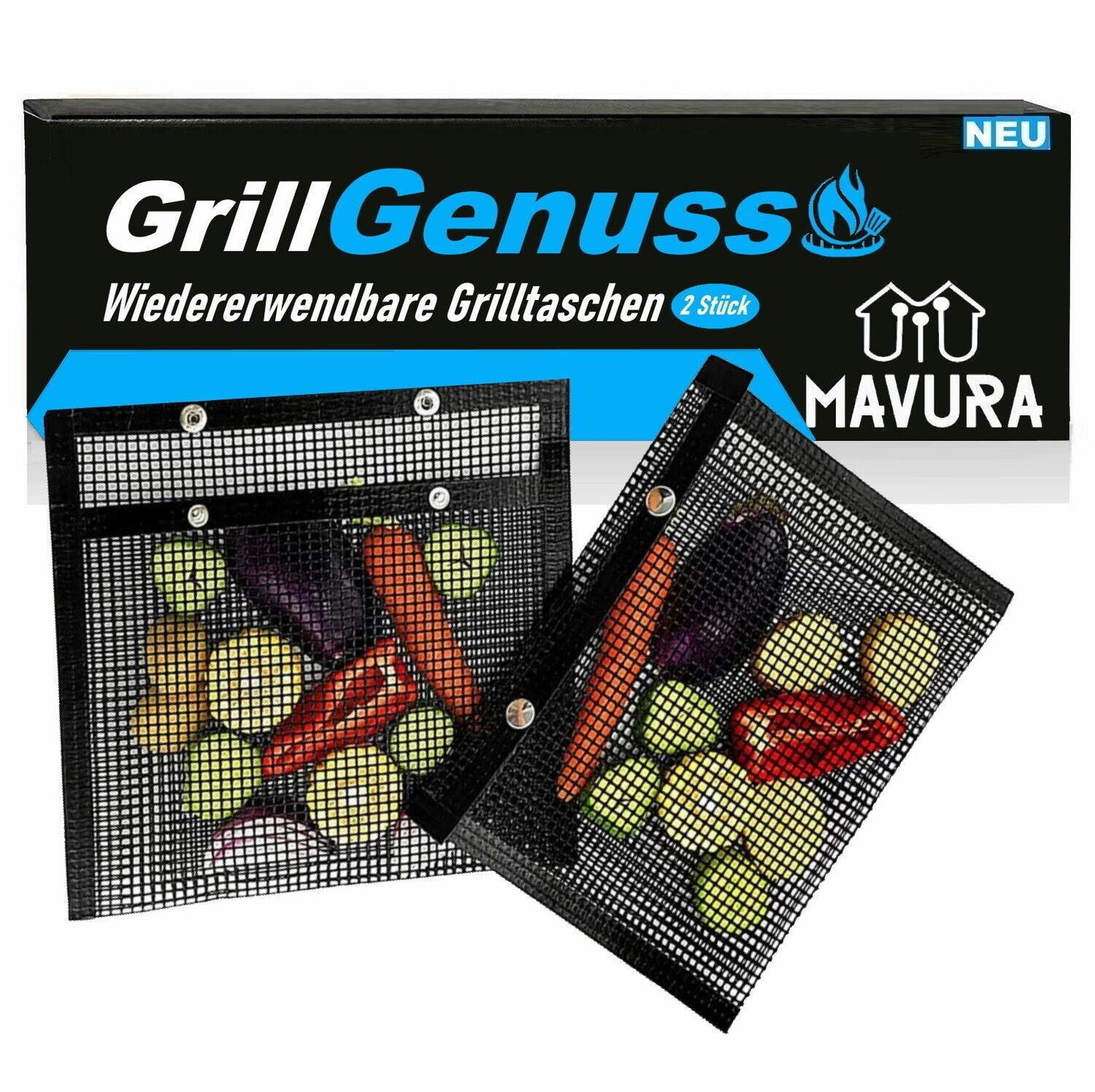 GRILLGENUSS Grilltasche BBQ Grillbeutel Grillkorb Grillgitter hitzebeständig 2er