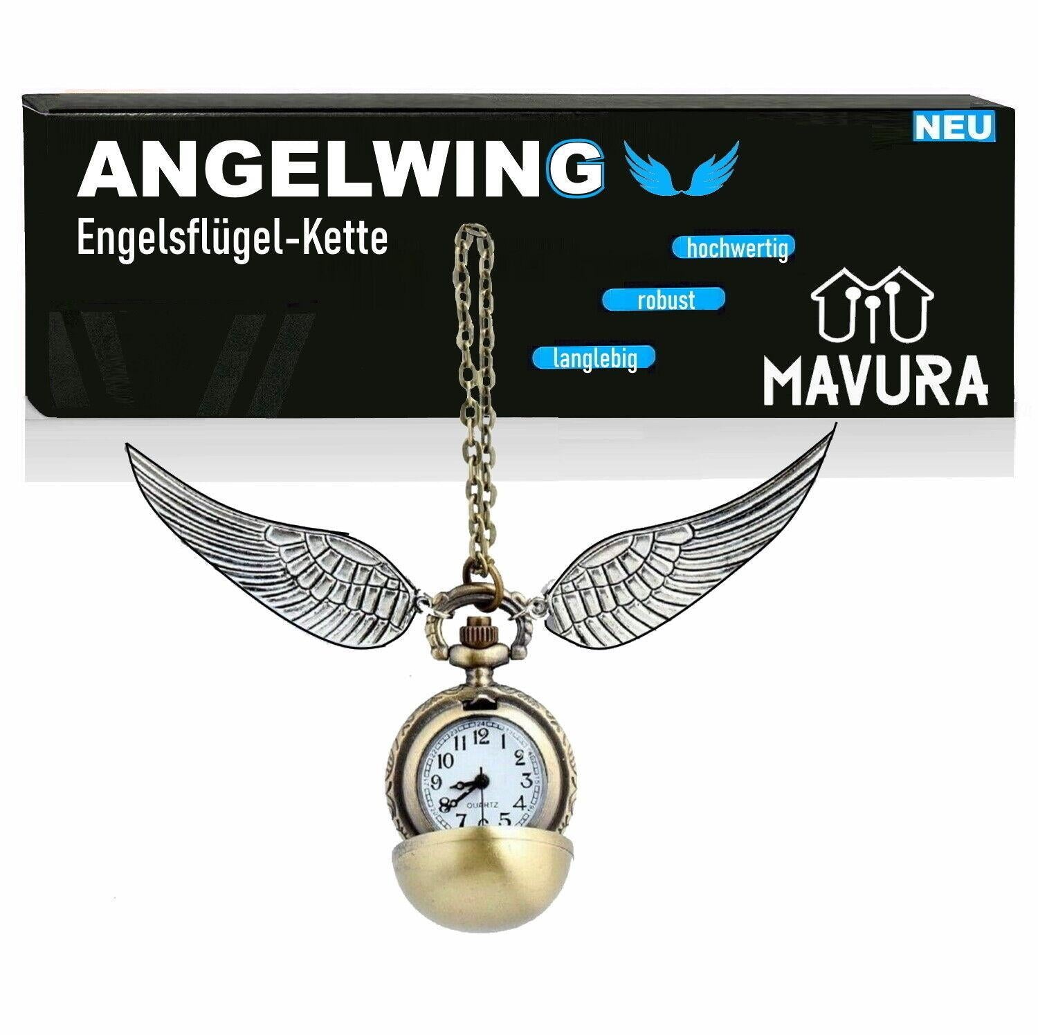 ANGELWING Engelsflügel Kette Goldener Schnatz Anhänger m Flügeln & Uhr Medaillon