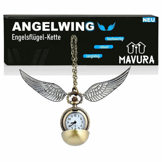 ANGELWING Engelsflügel Kette Goldener Schnatz Anhänger m Flügeln & Uhr Medaillon