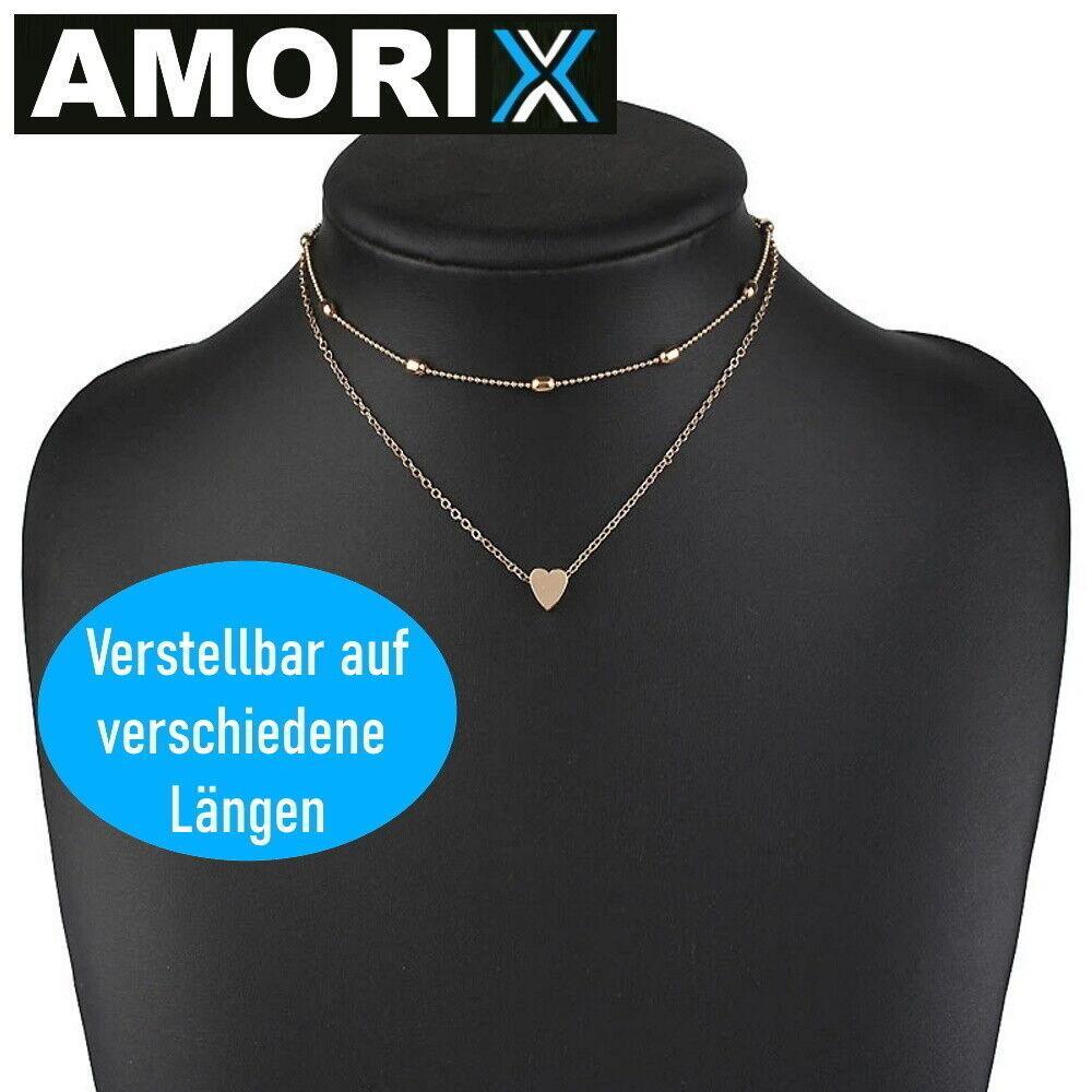 AMORIX Damen Doppel Kette Halskette Gold Herz Set Blogger kurz Valentinstag