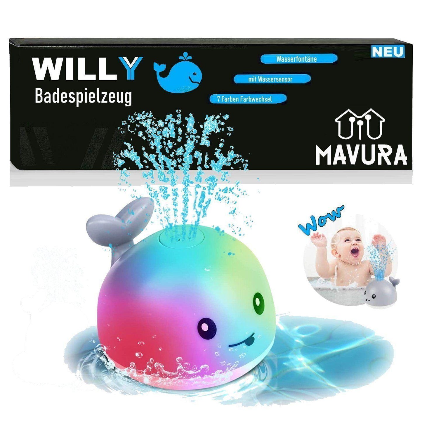 WILLY Wal Badespielzeug Wasserspielzeug Baby Kinder Fontäne & LED Beleuchtung