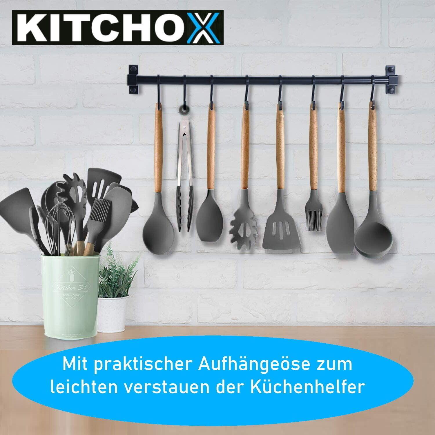 KITCHOX Küchenutensilien Set Holz Silikon Koch Besteck Löffel Helfer [12teilig]
