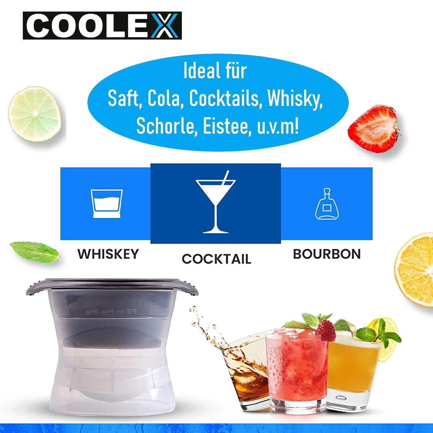 COOLEX XXL Eiswürfelform Kugel Eiskugel Eisbälle Cocktail Whisky 6,5cm [2er Set]