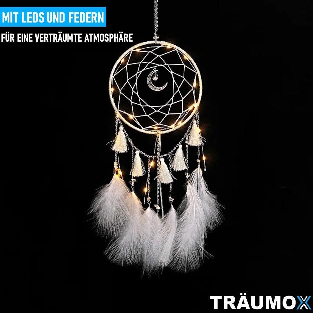 TRÄUMOX Traumfänger LED beleuchtet Perlenfeder Dreamcatcher Dekoration Federn